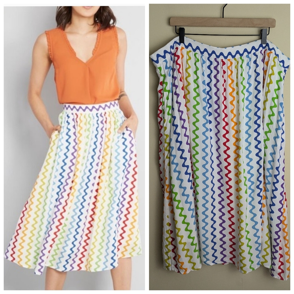 NWT Modcloth rainbow stripe pleated retro midi skirt plus size